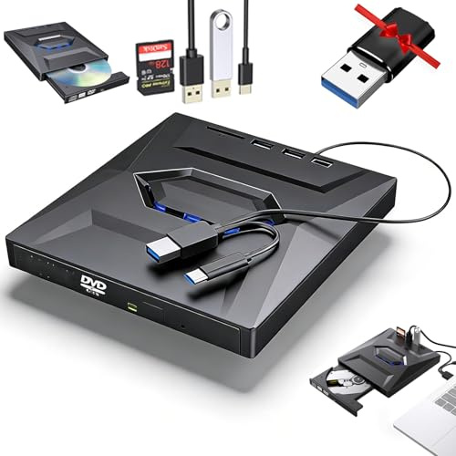 Retro Laptop CD DVD Player USB C 3.0 Portable CD Burner, Multifunctional External Optical Drive DVD Burner, 7-in-1 USB3.0/Typec, Ultra Slim Plug-and-Play with U Disk & Card Expansion (0.5in)