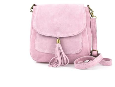 Made in Italy Damen Leder Tasche Messenger Bag Henkeltasche Wildleder Handtasche Umhängetasche Ledertasche Schultertasche Beuteltasche Fransen Cross-Over Rosa