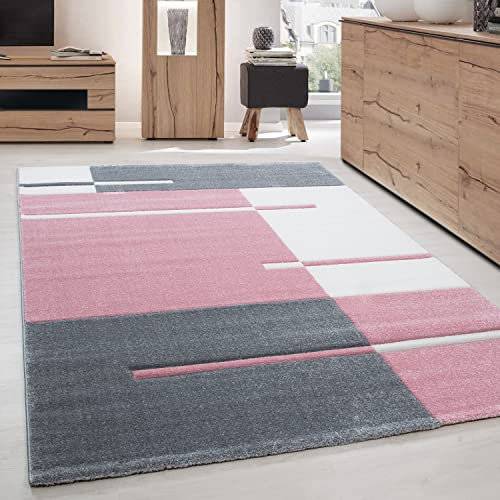 Carpettex Teppich Wohnzimmer Kurzflor 80 x 300 cm Läufer Flur Teppich Modern Kariert Design Pink - Teppich Bettvorleger Schlafzimmer Weich Flauschig Waschbar Küchenläufer - Esszimmer Teppiche