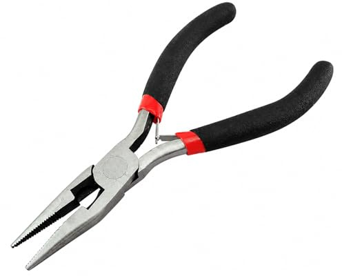 AKORD 12cm Mini Long Nose Pliers with Spring Release | Heavy Duty Carbon Steel Needle Nose Pliers with Anti-Slip Grip for Jewellery Making, DIY Crafting, Home and Office Maintenance | Silver and Black
