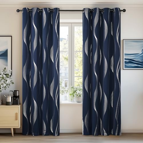 Deconovo Vorhang Verdunkelung mit Muster, Gardinen für Wohnzimmer, Blickdicht Verdunkelungsvorhang, 214x132 cm(HöhexBreite), Dunkelblau, 2er Set