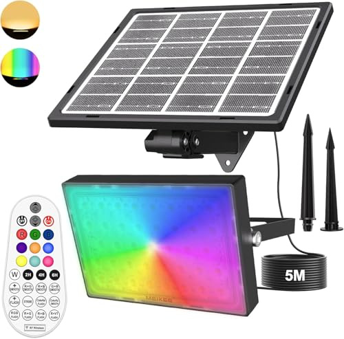 MEIKEE RGB Strahler 30W Solar Strahler Bunt IP66 Wasserdicht Solarlampen | 10 Farben 30 Dynamische Modi Timer Farbewechsel Solarleuchte Farbig RF 360° mit Fernbedienung für Garten Party Weihnachten