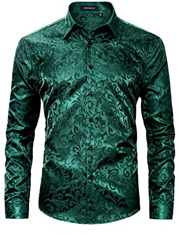 Hisdern Lyxig herrskjorta i guld med paisleymönster, glänsande skjorta, långärmad finskjorta med knappar, skjortor för bröllop, fest och bal, Grönt (Green1), L