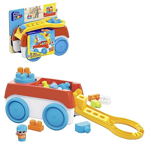 MEGA BLOKS-byggsats med snurrande vagn med klossar, med 1 snurrande vagn, 19 stora byggklossar och 1 Block Buddies-figur, leksakspresentset för barn från 1 år, HHN00