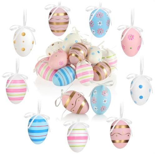 com-four® 18x Ostereier zum Aufhängen, Bunte Ostereier mit Muster | Hängedeko aus Kunststoff für den Osterstrauß - rosa - blau - weiß