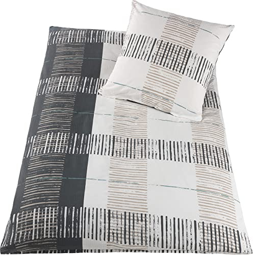 KH-Haushaltshandel 2-TLG. Baumwoll Seersucker Bettwäsche, 135x200 + 80x80cm, grau beige, kariert, bügelfrei, 100% Baumwolle(W418300)