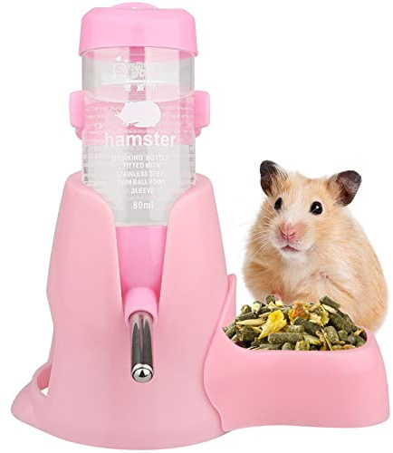 Diyife Hamster Trinkflasche, [80ML] Haustier Wasserflasche Kein Wasseraustritt, Automatischen Wassertrinken Spender + Futternapf + Bodenhöhle 3-in-1 für Häschen, Chinchilla, Igel, Eichhörnchen - Rosa