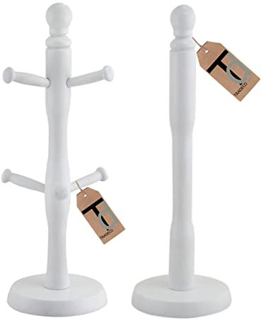 Tradeco direct® 2 Pc Mug Tree (6 Cup) & Kitchen Towel Holder Set White Beech Wood 35cm