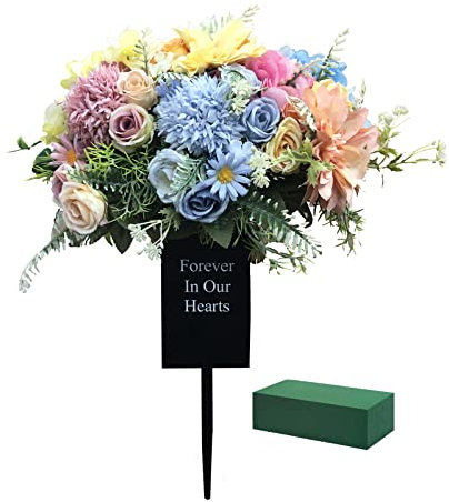 Metall-Grabvase mit Pfahl und Steckschaum – eckige Friedhofsvase zur Bodenmontage – Grabdekoration in Schwarz