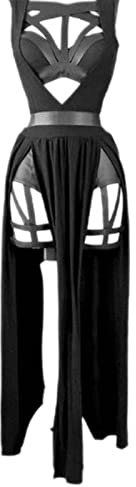 MENGQING Ensemble Jupe d'Été Sexy Club Gothique Rétro Femmes Corset Noir Sans Manches Haut Court Bandage Culotte Jupe Fendue en Maille Ensemble 3 Pièces - Noir, L
