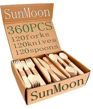 SunMoon Eco Friendly 360 Pack Disposable Wooden Cutlery, 16cm Long, Plastic Free Packaging，Substitute for Plastic and Bamboo Cutlery, Compostable, Biodegradable for Parties, Camping, Weddings