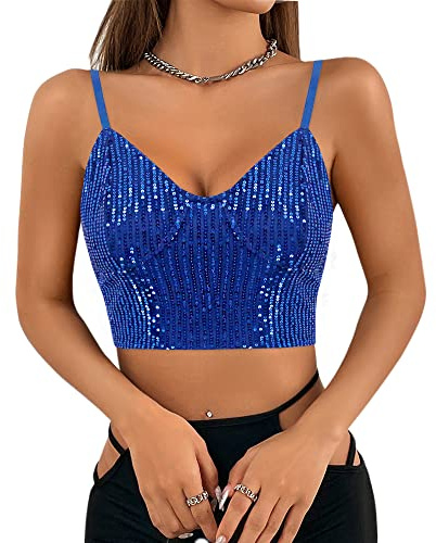 Naimo Damen Glitzer Pailletten Crop Top Ärmellos V-Ausschnitt Tank Tops Weste Sparkle Camisole Bluse Party Rave Oberteile