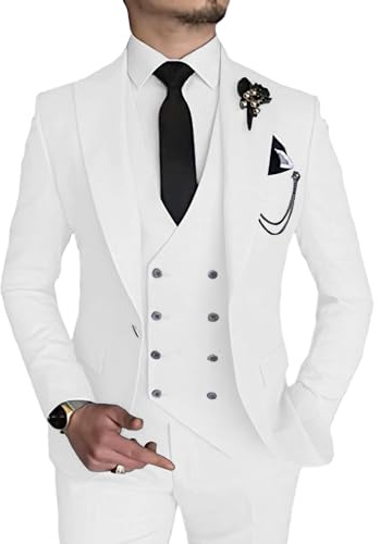 MOGU Mens 3 Piece Suit Slim Fit Tuxedo for Homecoming Wedding Prom Blazer Jacket Vest Pants Size L White