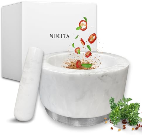 NIKITA - Juego de mortero y mortero de mármol blanco, juego de mortero grande para trituradora de hierbas y especias, juego de cocina de piedra pesado y duradero, color plateado