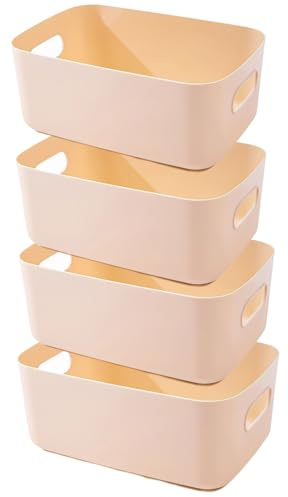 EURXLQ 4 Pezzi Cestini Portaoggetti Plastica Scatole Organizer con Manici,Contenitori per Armadio,Contenitore Plastica,Organizer Portaoggetti per Cucina Bagno Cosmetici (Beige, 30×20×12 cm)