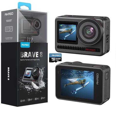 AKASO Brave 8 Action Camera with 64GB microSD Memory Card - 4K60fps Ultra HD Video 48MP Photos Waterproof Camera Super Wide Angle 16x Slow Motion SuperSmooth Stabilization Underwater Camera