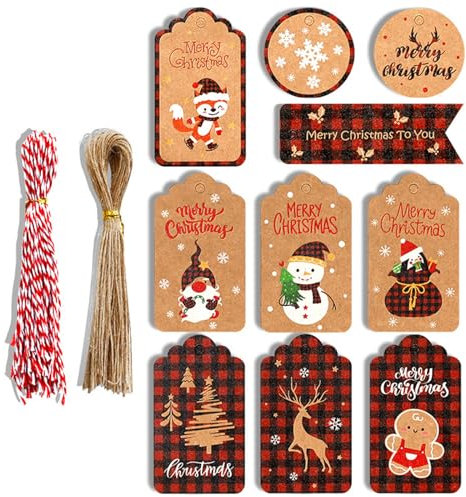 Vordpe 100 Stück Weihnachten Geschenkanhänger, Weihnachten Anhänger Kraftpapier Geschenk Geschenkanhänger,mit 100 Stück Bindfaden,für Weihnachten Dekoration Geschenkverpackung (D)