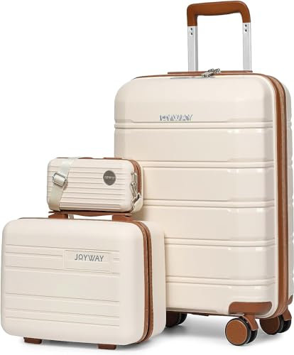Joyway Kofferset 3 Teilig Hartschale mit 4 Rollen und TSA-Schloss Der Gepäcksets Enthält 1 Kosmetikkoffer und 1 Tragbare Tasche Weiß/Braun
