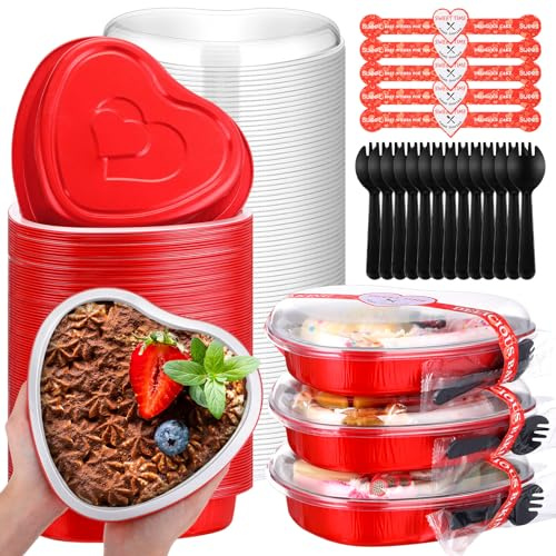 Yinkin 22 oz Heart Shaped Cake Pans Valentine Aluminum Foil Cupcake Cup with Lids and Spoons, Disposable Cake Tins Heart Baking Pan Mini Baking Tins for Valentine Wedding Birthday Party(Red,25 Pcs)