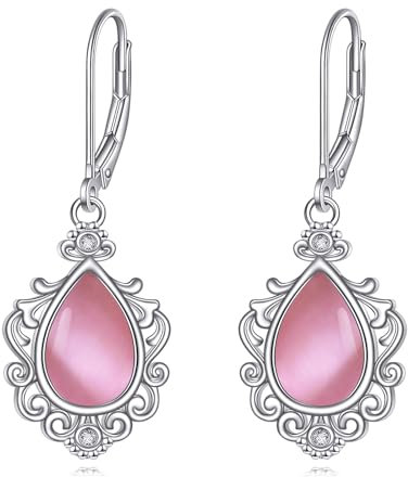 Rosa Opal Ohrringe für Damen 925 Sterling Silber Filigrane Tropfen Ohrringe Boho Schmuck Geschenke für Mädchen (Rosa Opal Ohrringe)