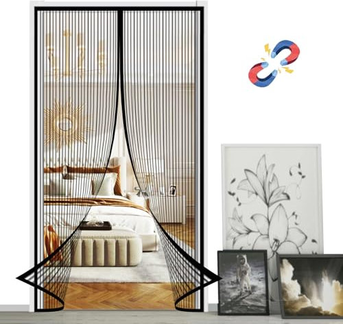 Magnetic Fly Screen Door, Anti Mosquito Mesh Curtain with Powerful Magnets,Polyester Seal Automatically Soft Door,for Balcony Sliding Living Room-Black A||115x265cm(45x104inch)
