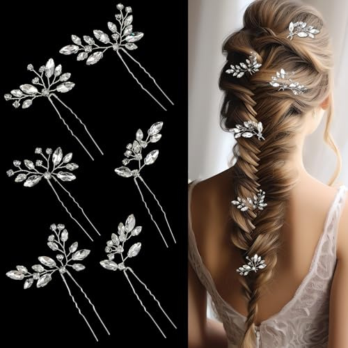 Andibro Lot de 6 Épingles à Cheveux de Mariage,épingles à cheveux en forme de feuille argentée avec strass,Pince Fleurs en forme de U accessoire cheveux mariage pour Mariée/Femmes/Filles/Soirée