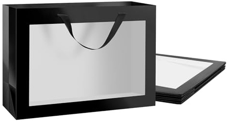 PKGMAGIC 4 Geschenktüten, großes Format, 40,64 x 15,24 x 30,48 cm, Schwarz, transparentes Fenster, Geschenktasche für Geburtstag, Abschlussfeier, Valentinstag, Muttertag, Festivals (glänzend)