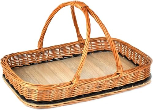 MyBer® Tablett Serviertablett Korb aus Weide für Obst Brot Gebäck Weidentablett Weidenkorb Tragekorb Tragetablett B/T/H 45/30/8cm(28cm mit Henkel) braun Handarbeit K2-136-N