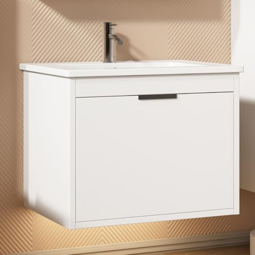 ZJBFXY88 Mobile sottolavabo sospeso, 60 cm di larghezza, con lavabo in ceramica, con cassetti, design moderno, bianco