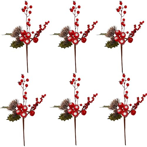 6x Rametti artificiali con Bacche Rosse e aghi di pino 28 cm - Steli Decorativi agrifoglio natalizi con fiori finti di Natale, decorazione per la casa, Fiori per lavoretti fai da te e pacchetti
