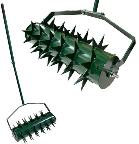 HENYEER Aeratore per Prato, aeratore per Prato a Rullo, Rullo per Prato Manuale con Manico, Chiodi da 5 cm e paraspruzzi, scarificatore Manuale a Rotazione per Cortili e Prati in Giardino