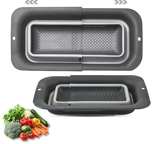 Over Sink Colander | Extendable Collapsible Strainer Basket with Spout – Sink Food Drainer, Kitchen Drain Basket, Fruit, Vegetables & Pasta for Washing & Draining | Kitchen Gifts Accessories (Grey)