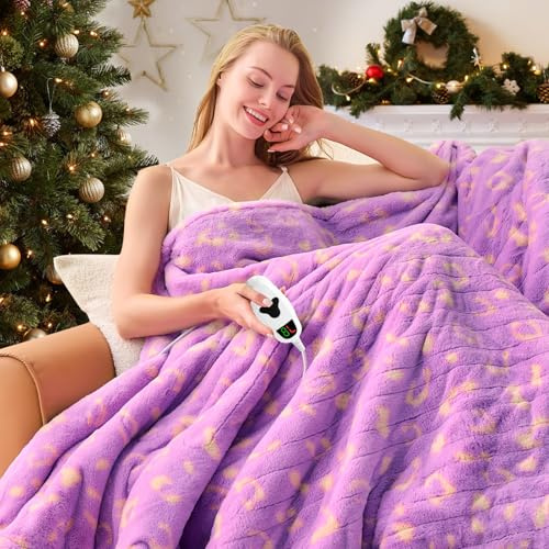 ETL beheizte Heizdecke für Doppelbett, Leopardenmuster, 157 x 213 cm, violett, Heizdecke mit 10 Heizstufen und 8 Stunden automatischer Abschaltung, niedliches Geparden-Dekor, Sherpa-Decken, wärmer