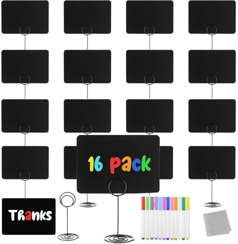16 Pcs Mini Chalkboard Signs with Metal Stand Marker Pens 10 x 7.5cm Blackboards Tabletop Board Small Food Labels for Buffet for Message Signs - KAMHBE