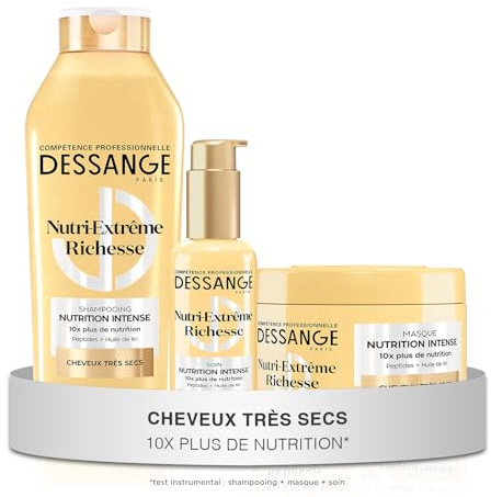 DESSANGE - Routine Cheveux Nutrition Intense Nutri-Extrême Richesse - Shampoing 280ml + Masque 280ml + Soin Sans Rinçage 110ml - Nourrit La Fibre, Les Longueurs & Pointes - Cheveux Très Secs