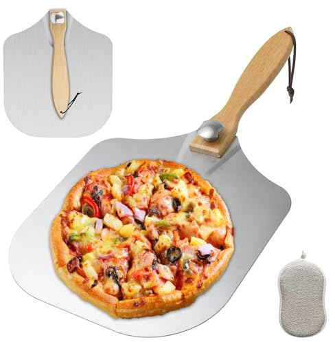 ELLECILA Pizza Peel, 14 x 12 in Aluminum Pizza Paddle with Foldable Wooden Handle, Easy Detachable Storage, Pizza Paddle for PizzaOven, Pizza Shovel for Homemade Baking Dough, Pizza, Bread, Cakes