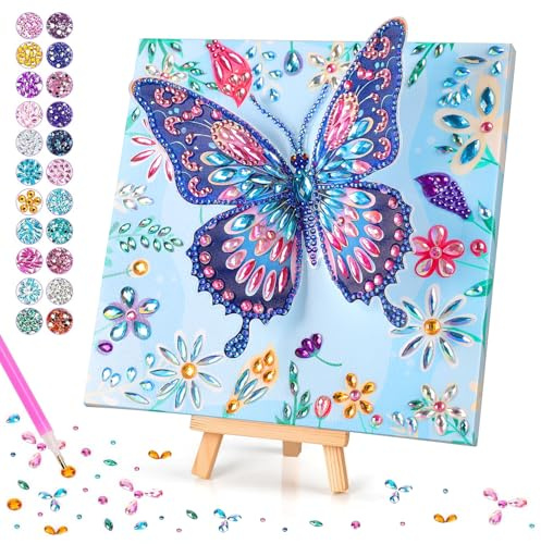Diamond Painting, Diamond Painting Schmetterling Bastelset Schüler Geschenke für Mädchen Jungen und Mädchen, Basteln Mädchen Diamant Painting Schmetterlings mit Holzrahmen Kreative Spielzeug (Blau)