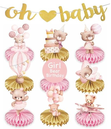 10 Stück Babyparty Deko Bär, Gender Reveal Party Deko mit Bienenwaben | 9 Bienenwaben-Tischaufsteller mit Oh Baby Girlande für Baby Shower, Taufe, Geburt, Junge & Mädchen