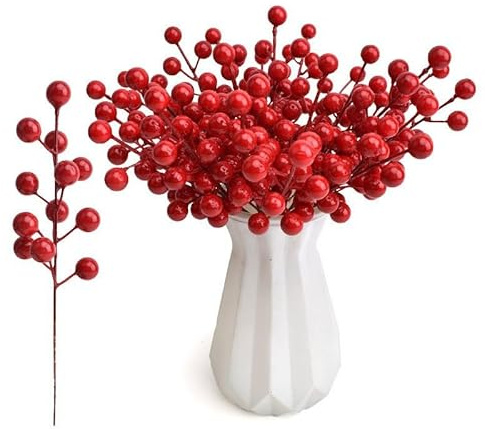 CCUUHJ Rosa Stechpalmen-Zweige Dekoration (20 Stück) - 22cm Höhe 5-Zackig für Vasen Tischdeko Weihnachten Adventskranz Deko Wohnaccessoires Geschenk (Rot)