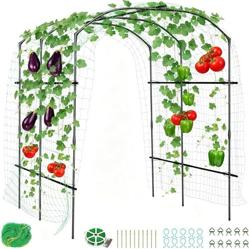 Creperture Gurke Rankhilfe Set, Einstellbare Breite Pflanzenspalier Gitterspalier aus Metall für Kletterpflanzen, Rankgitter mit Netz für Garten Kletterpflanzen, Blumen Gemüse Gurke,180x190x220cm