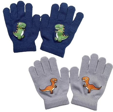 KASLCWA 2 Paires Gants Enfants, Gants d'Hiver Tricotés pour Enfant, Mitaines pour Enfants Dinosaures, pour Garçons Filles pour Port Quotidien en Extérieur
