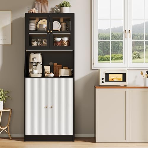 AZJSAHAH Köksskåp med arbetsyta, bufféskåp, kökskänk med 4 dörrar och öppet köksskåp med LED, köksbuffé med glasdörrar för kök, vardagsrum, matsal (svart + LED)