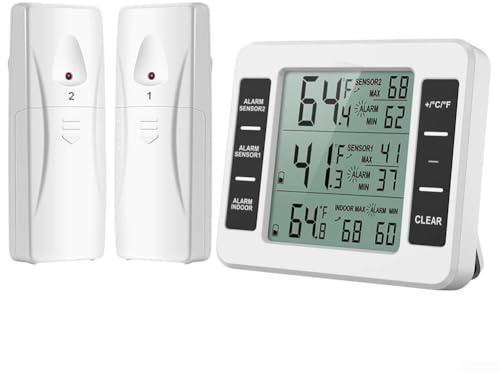 Feeshoppher Termometro wireless per interni ed esterni, con allarme e doppi sensori, trasmissione a lungo raggio di 330 piedi, monitoraggio della temperatura in tempo reale da -40 °C a 60 °C