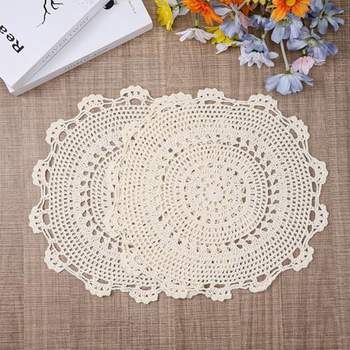 2 PCS Round Lace Doilies for Tables, Crochet Doily Beige Dollies for Tables 13 Inch Round Cotton Crochet Doily Lace Dolly Table Knitted Tablecloth Home Kitchen Dining Room Wedding Party Decor