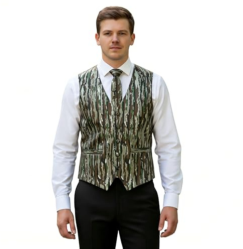 HBDesign Men's Brown Green Camouflage Vest 5 Button Design Straight Pocket with Tie Sleeveless Size 40R
