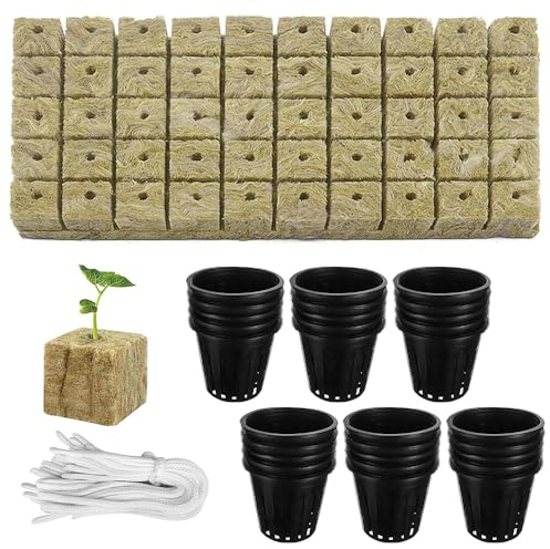 SKIKHN 110 Pezzi Kit di Reti per Piante Idroponiche, 30 Vasi a Rete da 5 cm (2 Pollici), 50 Cuscinetti di Propagazione in Lana Di Roccia, 30 Stoppini Autoirriganti, Per Talee, Coltivazione Senza Terra