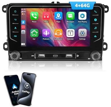 ESSGOO Android 15 4+64G Car Radio with Wireless CarPlay and Android Auto for Volkswagen Golf 5 6 Plus Tiguan EOS Passat Polo, 7-Inch Car Radio Display with Bluetooth, Mirror Link, AM, FM, SWC
