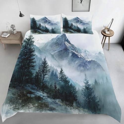 Housse de Couette 140x200 Forêt Brumeuse Imprimé, Parure de lit Montagne Enneigé Réversible Microfibre avec Fermeture Éclair, 1 Personne, Ensemble de Literie 2 Pièces et 1 Taie d'oreiller H70j
