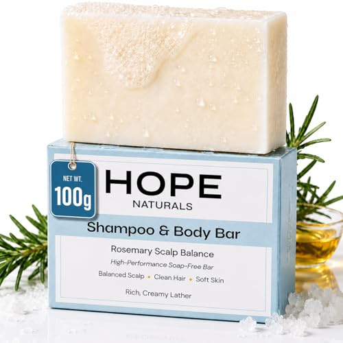 Hope Naturals Rosemary Shampoo Bar for Hair, Face & Body, Made in UK – Soap-Free Solid Shampoo Bar for Sensitive Scalp, Gentle Face Wash Bar, Sulphate-Free, pH Balanced, Vegan, 100g