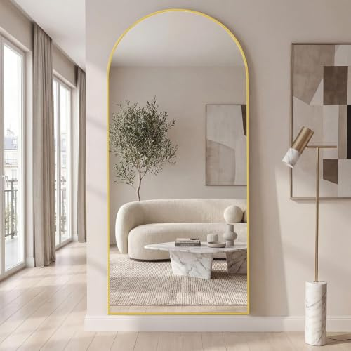 Vortisys 171 x 75 cm Espejo de Cuerpo Entero, Cristal Templado, Dorado | Espejo Arqueado con Soporte, Marco de Aleación de Aluminio, para Dormitorio, Salón, Vestuario